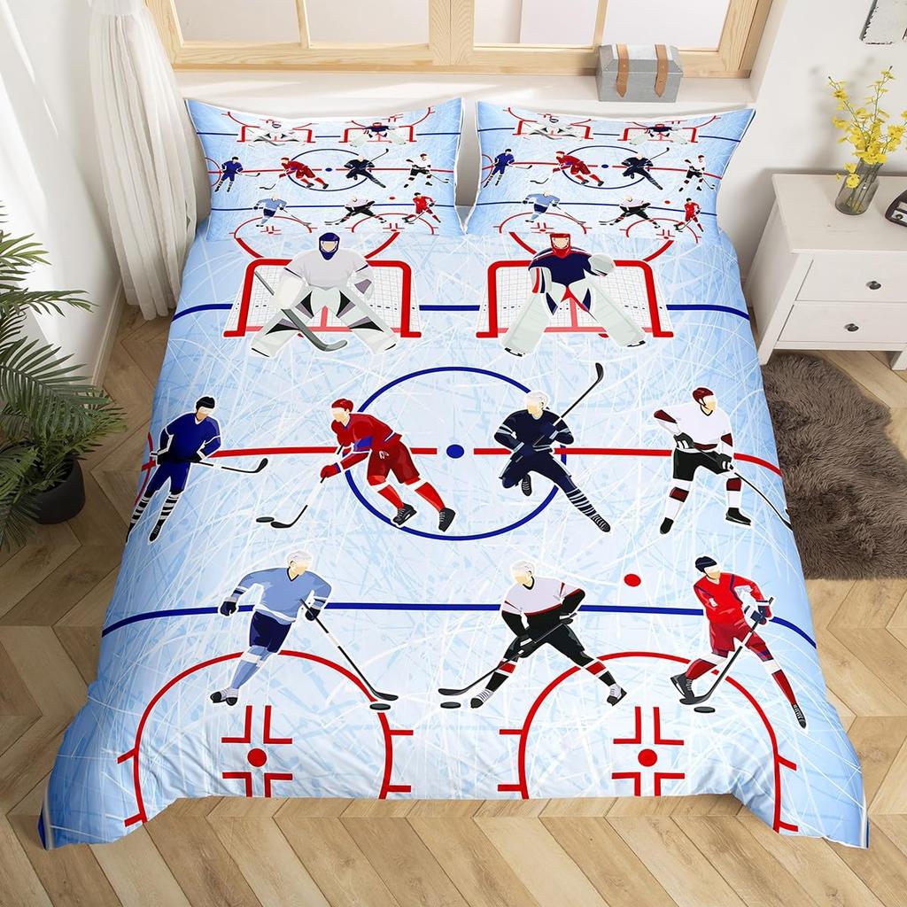 Capa de Edredom Graffiti Hóquei no Gelo Conjunto de Cama Esporte de Inverno Crianças Meninos Jogador de Hóquei Capa de Edredom Aquarela Esportes Capa de Colcha