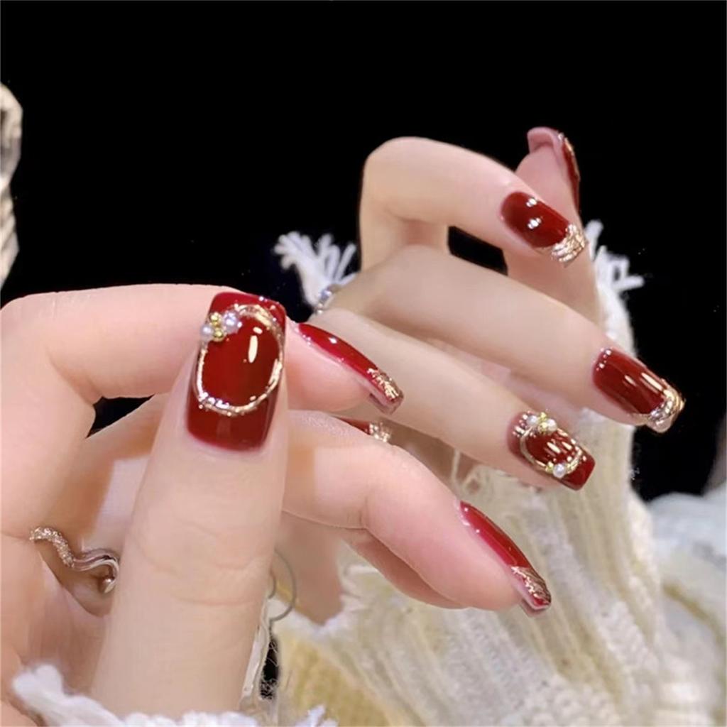 Mid-length Red False Nail Imitation Pearl Gold Line Reusable Artificial Nail for Hand Decoration Nail Art