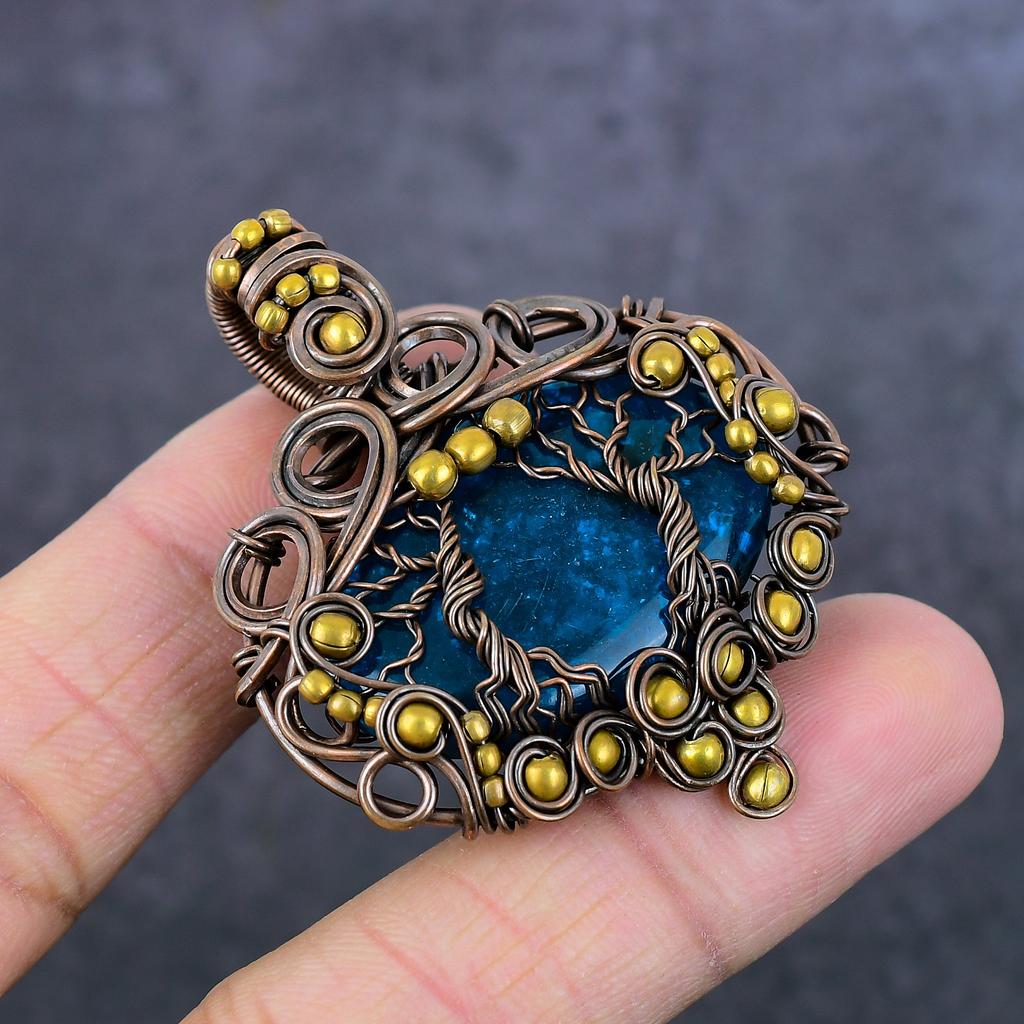 Natural Blue Baltic Amber Handmade Copper Wire Wrap Jewelry Pendant 2.13" D3F77