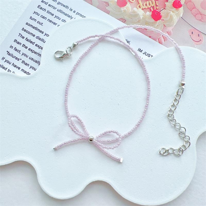 

Корейское колье-чокер с бантом для девочки, модное, ручной работы, из рисовых бусин, короткое, украшение на шею, подарок