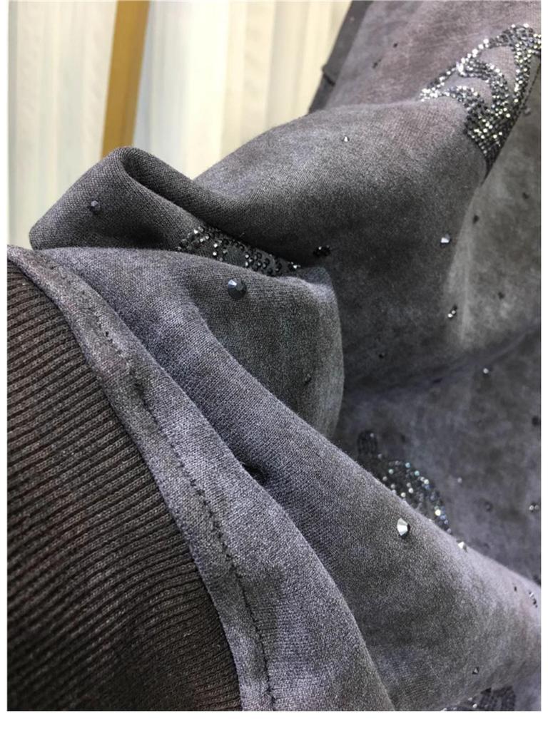 European Crown Hotfix Diamond Sweater - Plus Size, Velvet-Lined, Round Neck, Long Sleeve Luxury Top