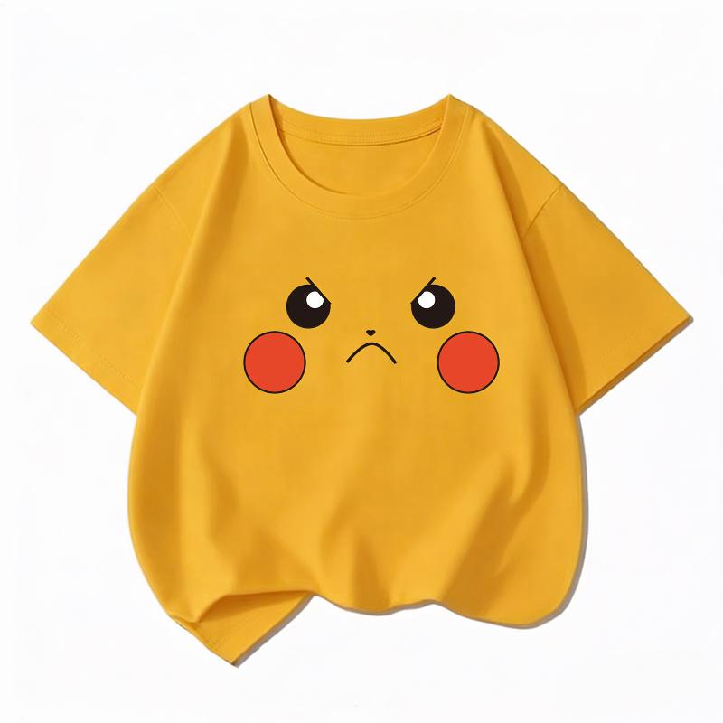 Potdemiel Kids Cotton Tshirt Cute Pikachu Face Print Summer Short Sleeve Breathable Crew Neck Boys Girls Casual Tops