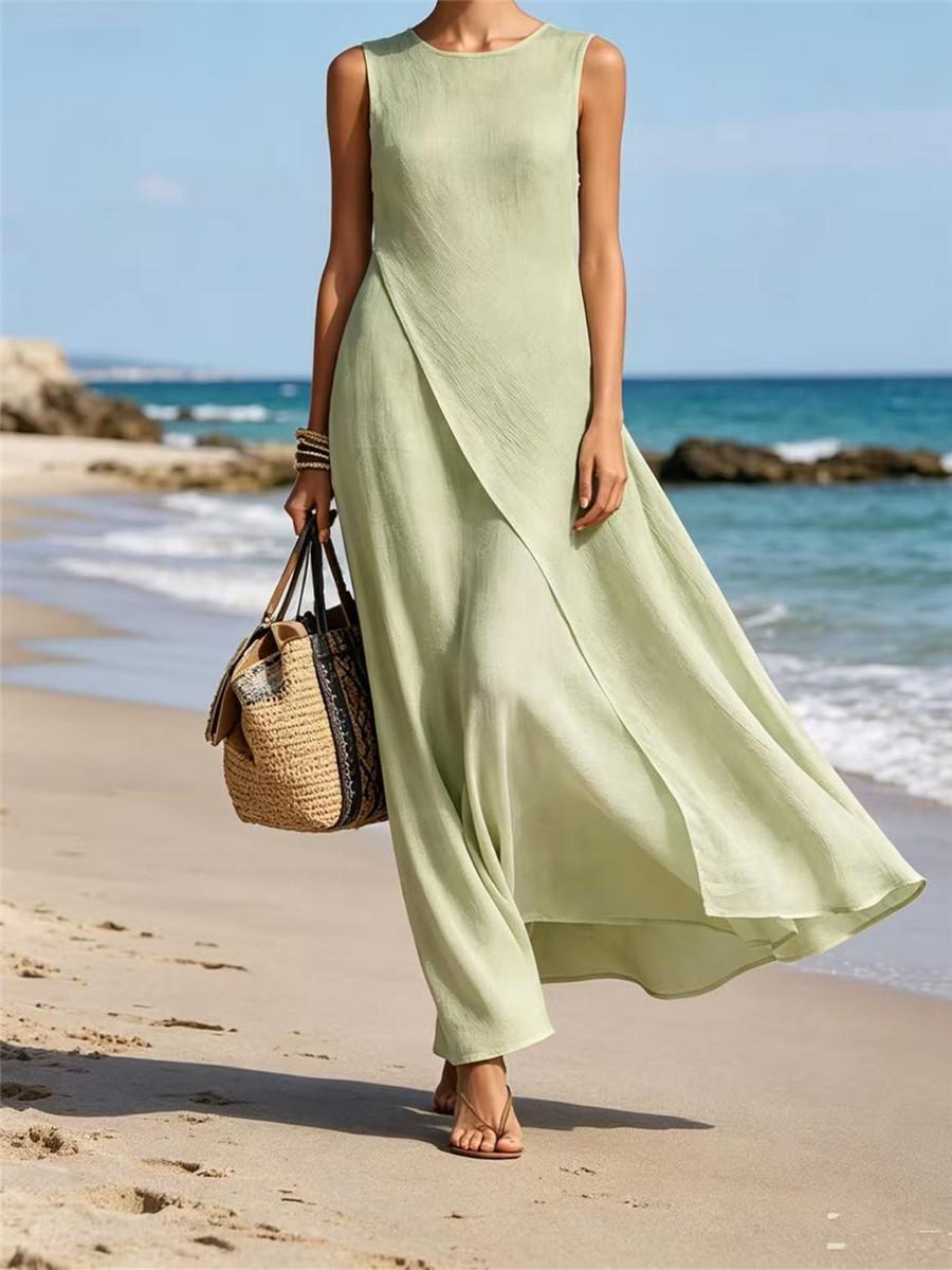 2026 new summer cross-border women s dress sleeveless asymmetrical hem cotton and linen blend explosive dress S светло-зеленый