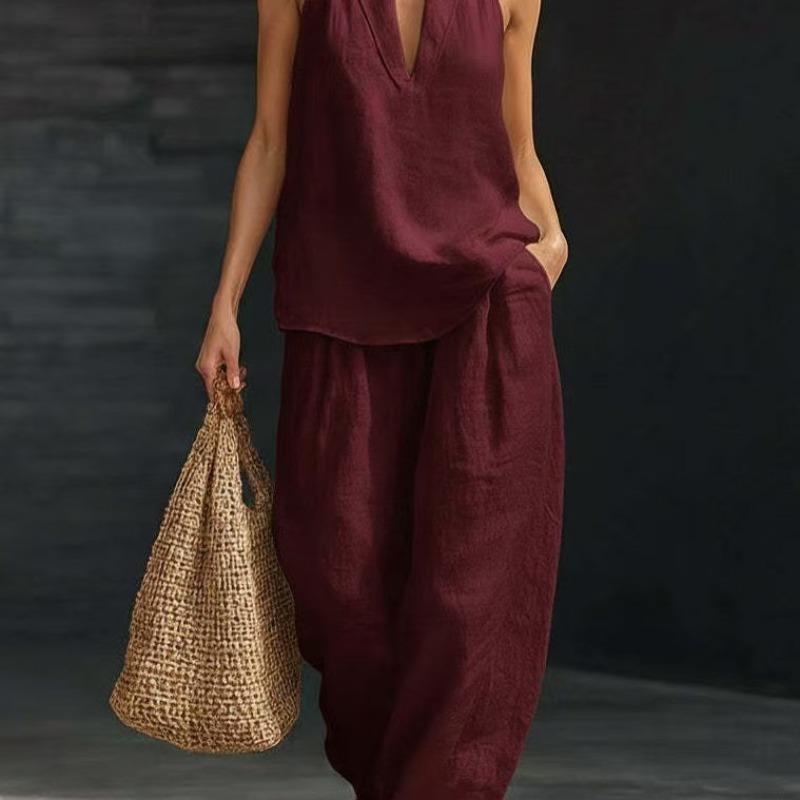 Completo Due Pezzi Estivo da Donna Senza Maniche con Spalle Cadenti Ampio, Pantaloni a Gamba Larga Casual, Outfit alla Moda