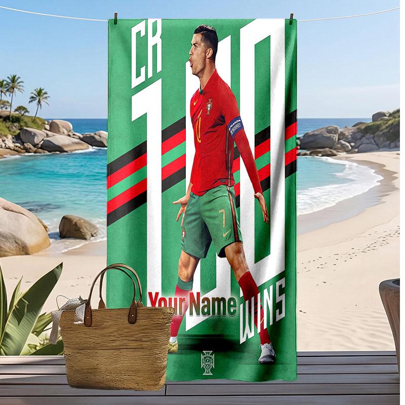 Asciugamano da Spiaggia Personalizzato Stampato Cristiano Ronaldo Logo Calcio Supporto Nome Personalizzato Testo Asciugamano Assorbente Per Sport Viaggio Regalo Speciale