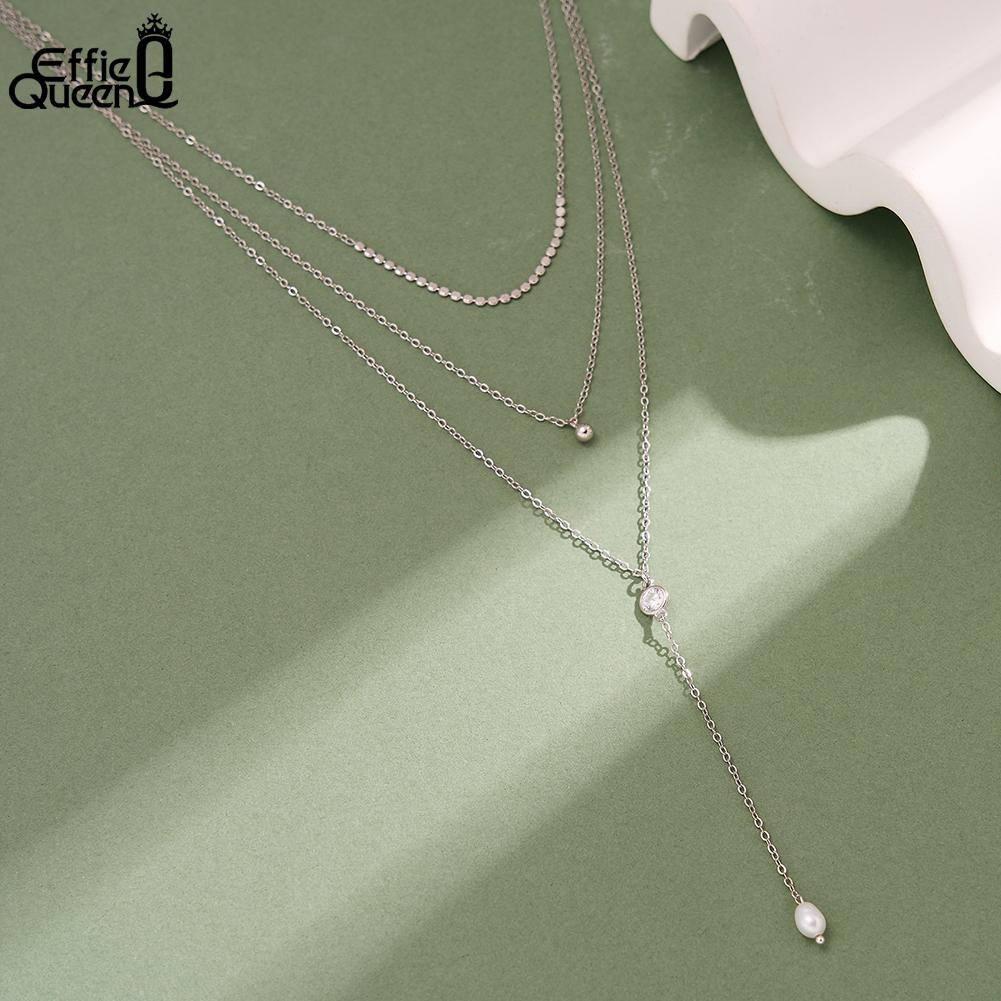 EFFIE QUEEN 925 Pure Silver Elegant Zircon Pendant Y Necklace with Pearl For Women Layered Y Shape Chain Necklace Gift BQN35