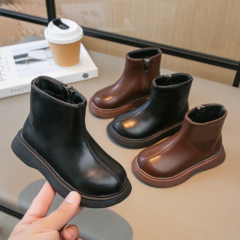 Children Boots Simple Girls Ankle Boot Black Kids Short Leather Boots Side Zipper Thick Bottom Autumn Winter