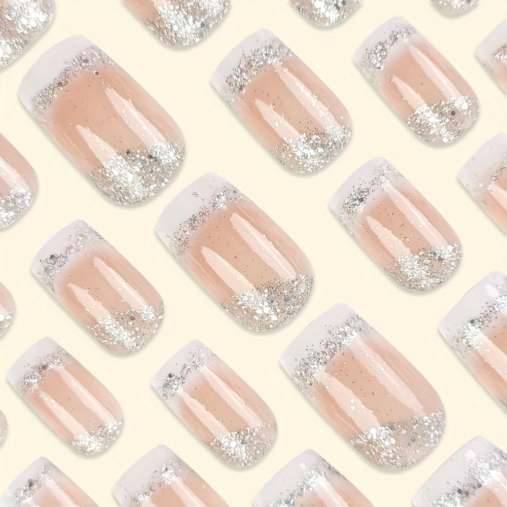 24pcs Set Glossy Medium Square Press-On Nails - Gradient Pink & White with Sparkling Glitter, Reusable French Style False Nails for Women and Girls