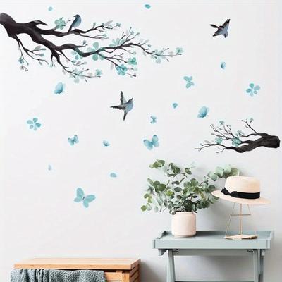 Blue Flower Branches Birds Wall Decals Flowers Wall Stickers Living Room Background Home Decor Wallpaper Bedroom Child Wallpaper