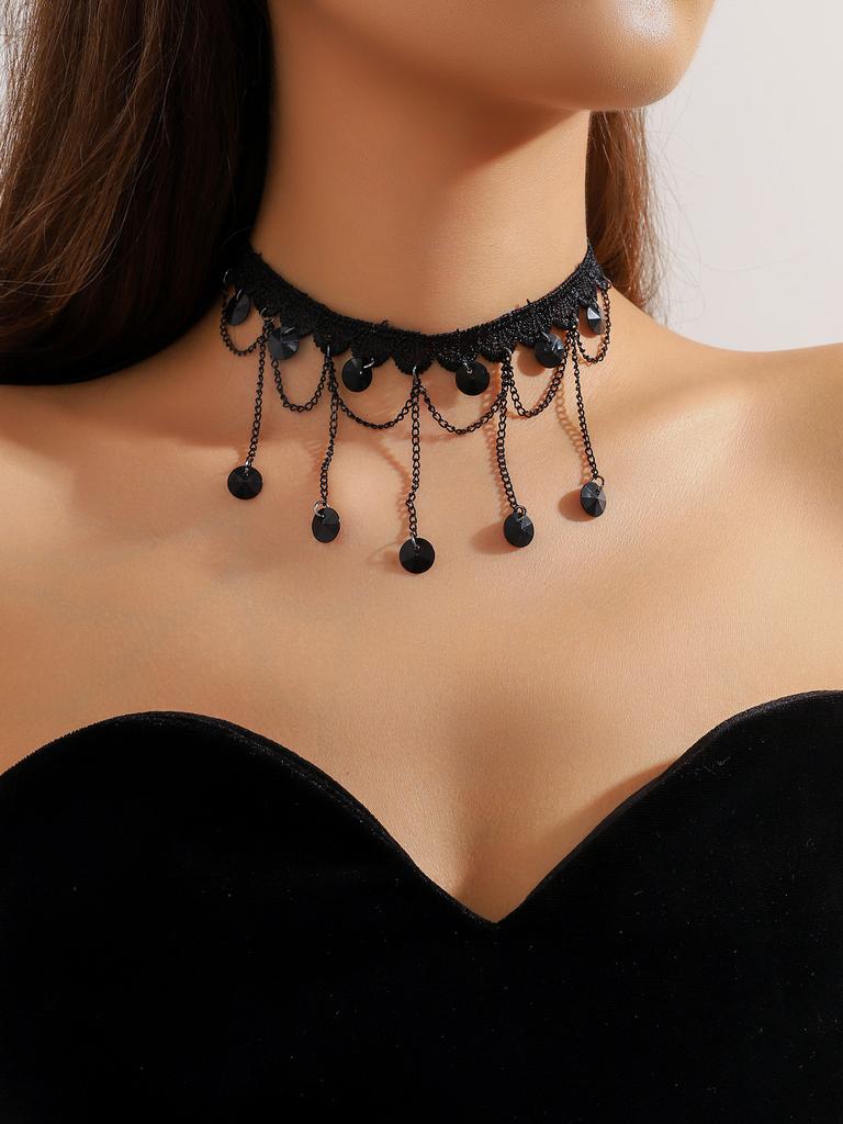 Vintage Black Lace Rose Necklace Bracelet Ring Set Women's Dinner Party, Dark Wind Neck Chain Bracelet