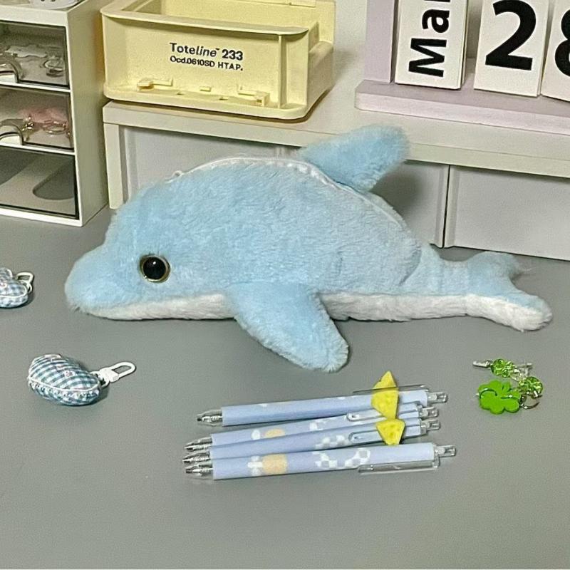 Roztomilý kreslený malý delfín žralok plyšový pouzdro na tužky velkokapacitní taška na ukládání psacích potřeb pouzdro na tužky multifunkční plyšová taška