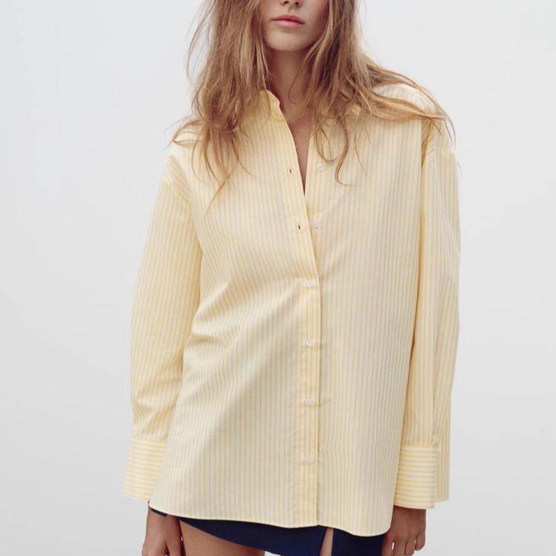 Spring New Arrival Women's Clothing European and American Personalized Stripes Design Easiest for Match Poplin Long Sleeves Lapel Shirt 3666168