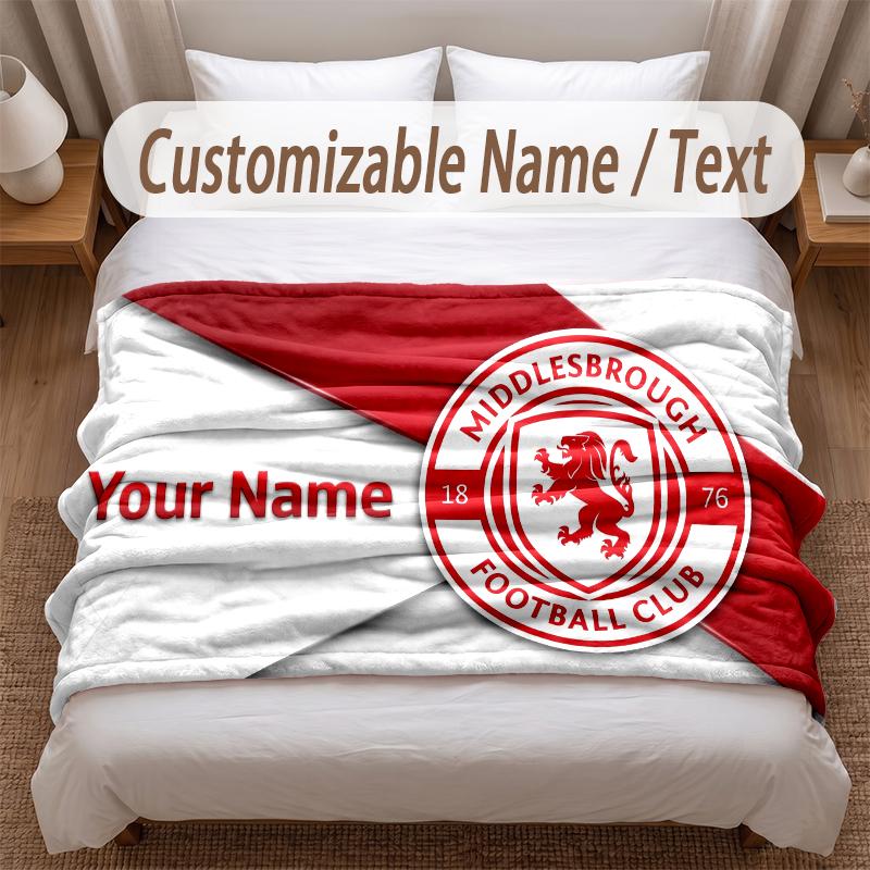 Middlesbrough FC Printed Flannel Blanket Custom Name Text Soft Warm Throw For Bedroom Holiday Gift