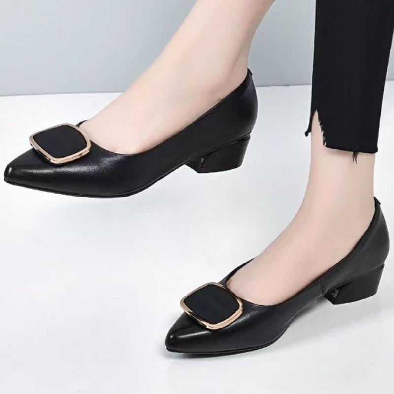 Pointed small leather shoes thick heel single shoes women's summer new light mouth low heel spring soft leather versatile women's shoes