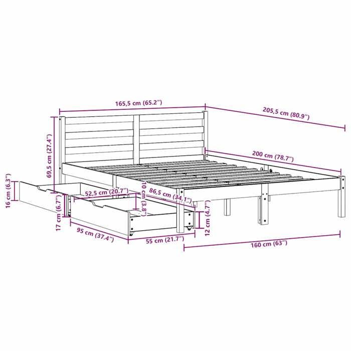 VidaXL Cadre de lit avec tiroirs blanc 160x200 cm bois massif de pin, sommier, cadre de lit double, cadre de lit en bois 3301545