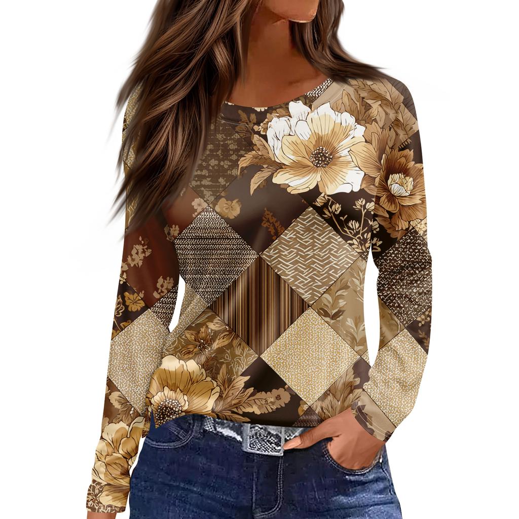 Women's Fashion Hem Slit Casual Retro Floral Print Round Neck Long Sleeve Top