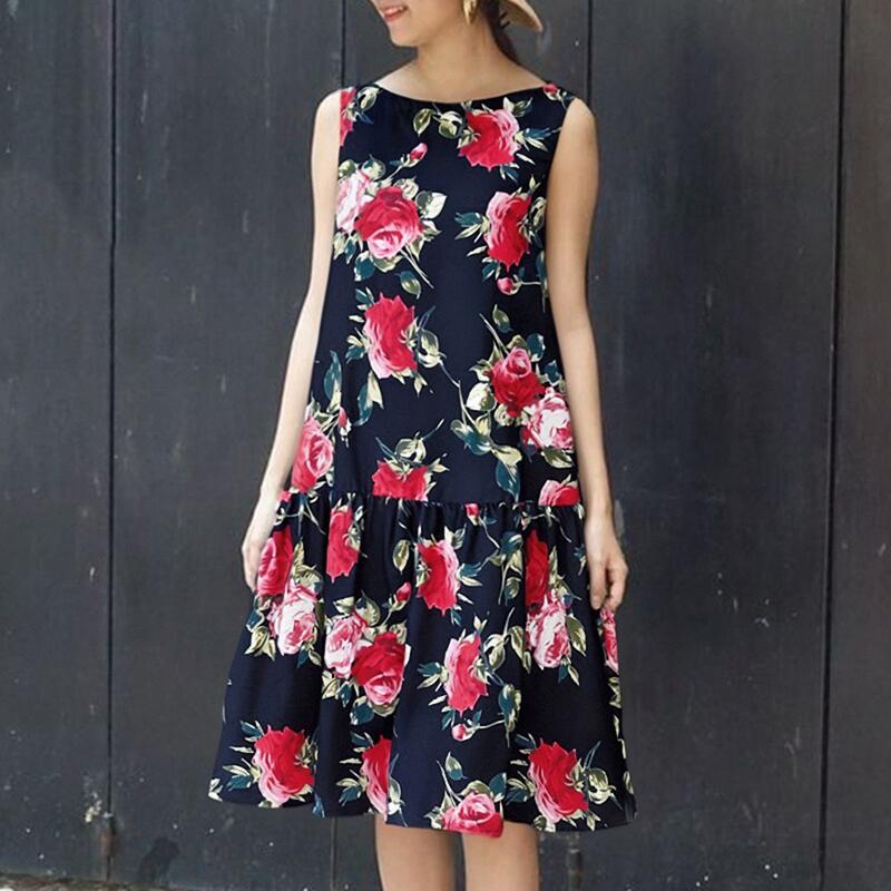 

ZANZEA Женское повседневное летнее платье без рукавов с круглым вырезом и цветочным принтом 5XL темно-синий
