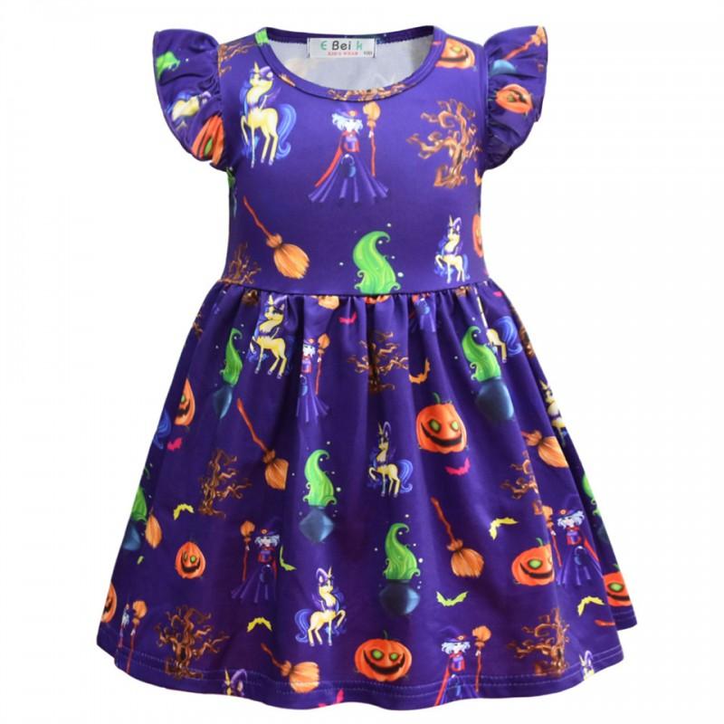 Girls Halloween Short Dress Ruffle Sleeve Round Neck A-Line Party Kids Casual Costume
