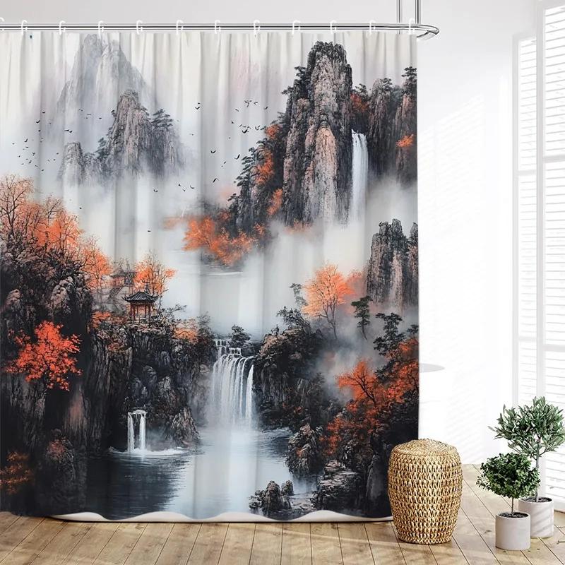 Japanese Style Landscape Shower Curtain Ink Mountain Cherry Blossom Pavilion Lake Asian Art Bath Curtains Home Bathroom Decor