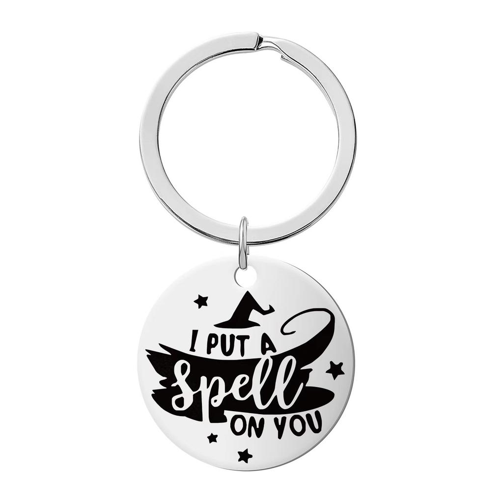 Halloween Keychain Pendant Stainless Steel Laser Engraved Round Tag Hanging Ornament Jewelry Stainless Steel Keychain for Backpack Bag Pendant