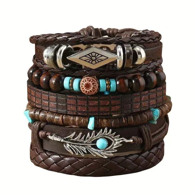 Leather Bracelets for Men Women Handmade Wrap Woven Cuff Bracelets Wooden Beaded Bracelets Vintage Ethnic Tribal Wristbands Bracelet Set Adjustable