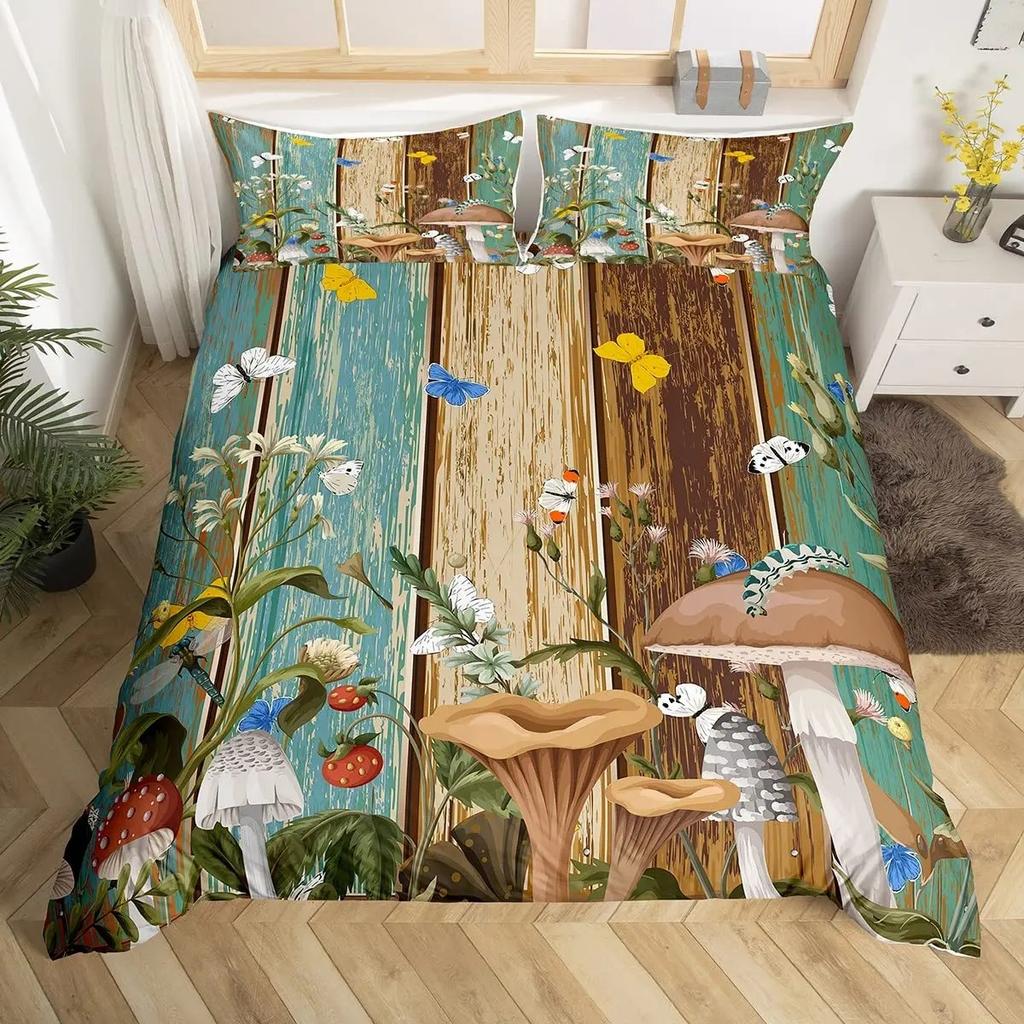 Kawaii Animals Duvet Cover Cute Rabbit Bedding Set Rustic Wooden Comforter Cover Microfiber Floral Bedclothes Queen For Girl Boy