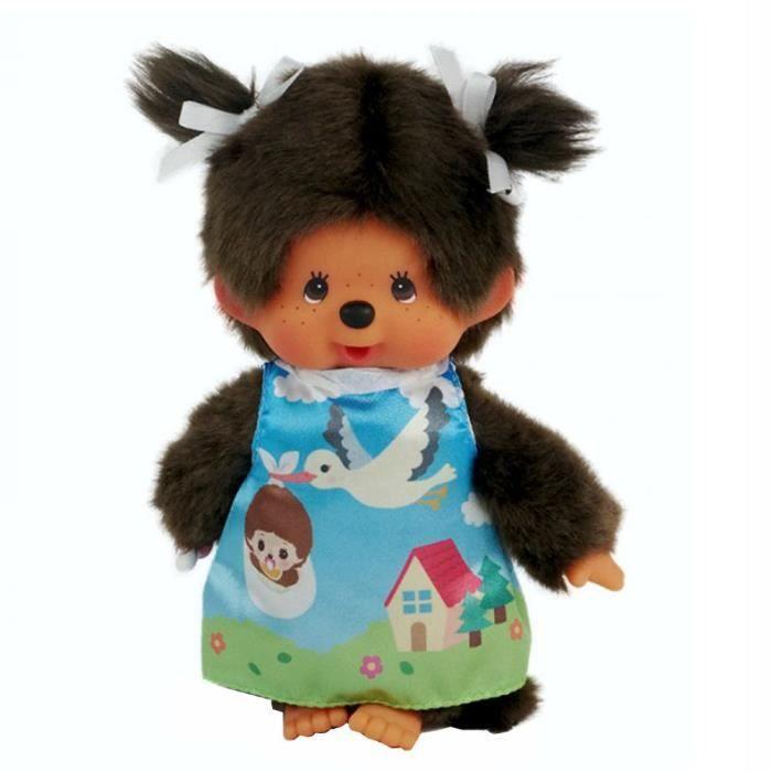 Poupée Monchhichi - Kiki - Fille en Robe de Cigogne - Corps souple - 20 cm - À partir de 24 mois