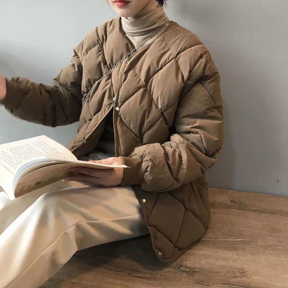 Women's Rhombus-Patterned Padded Jacket – Short Winter Bread-Style Jacket, Down-Filled Cotton Padded Coat and Collarless Quilted Jacket