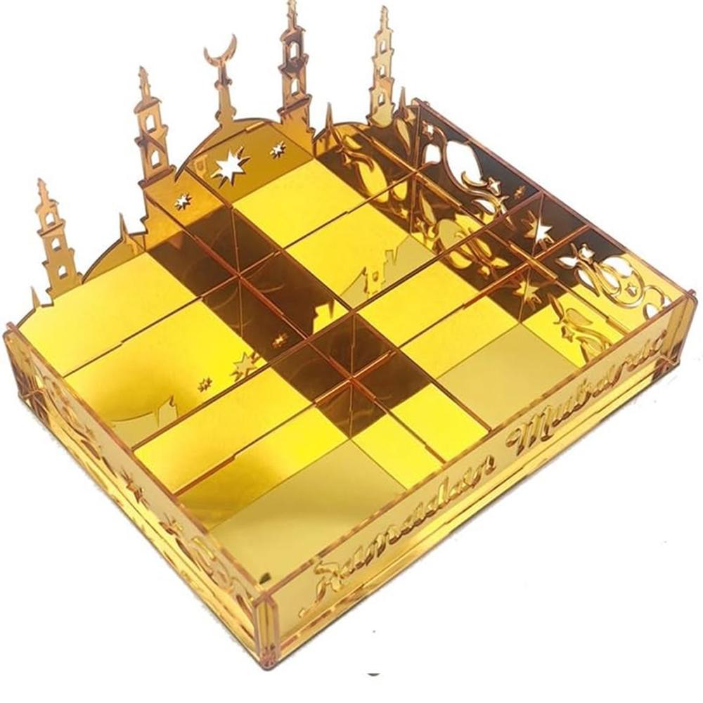 Ramadan Tray Eid Mubarak Serving Tray Hollow Palace Acrylic Mirror Tray Fruit Plate Tableware Dessert Platters DIY Display Holder Ramadan Decor