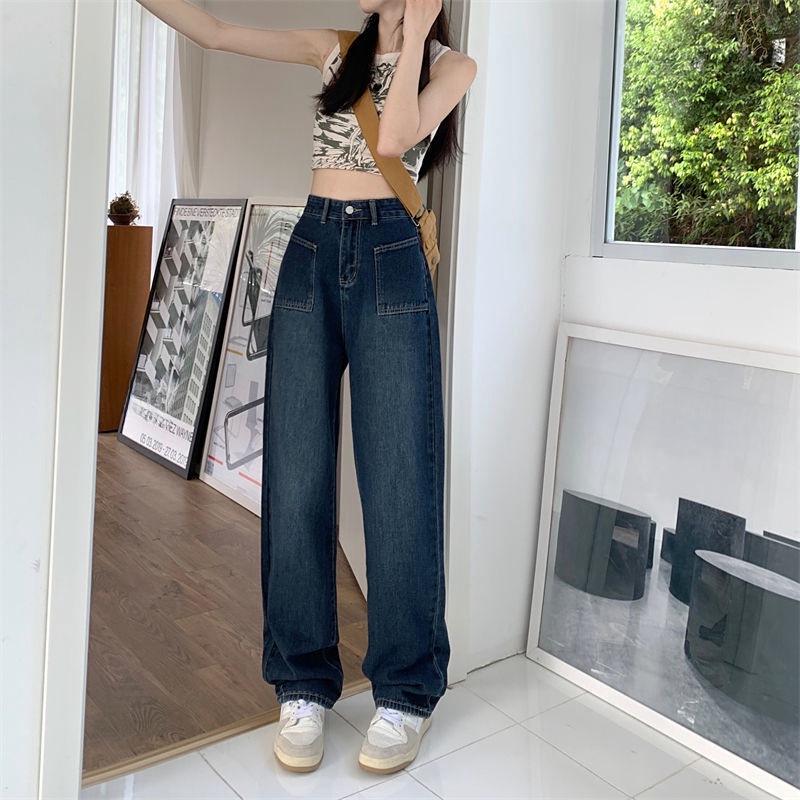 Women's High Waist Wide-Leg Jeans with Large Pockets - Korean Style, Plus Size, Straight Fit