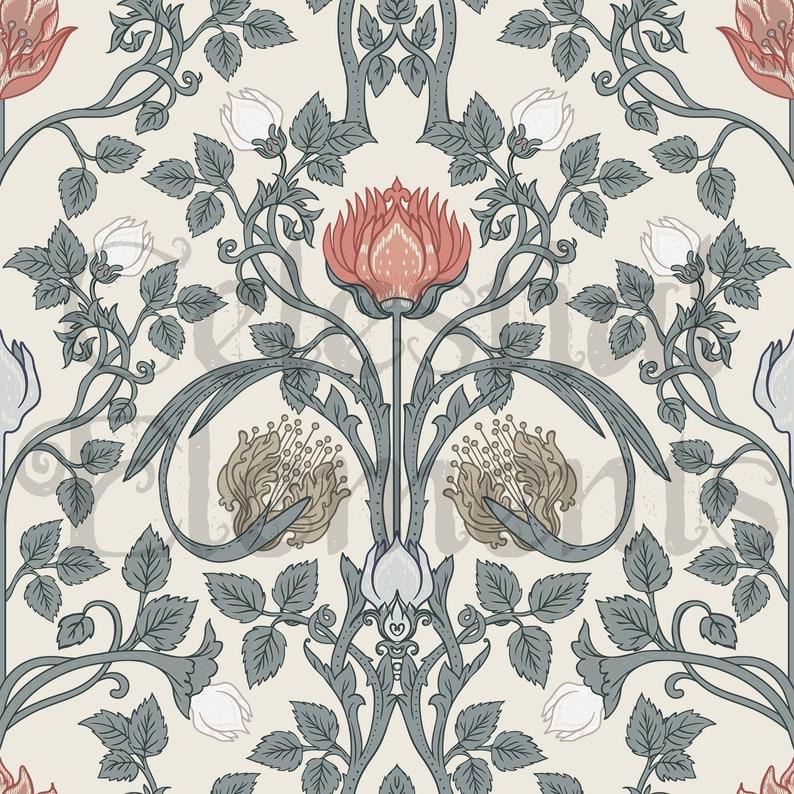 Sprchový závěs ve stylu Williama Morrise - Šalvějově zelený botanický design Art Nouveau, Vintage Cottagecore koupelnová dekorace