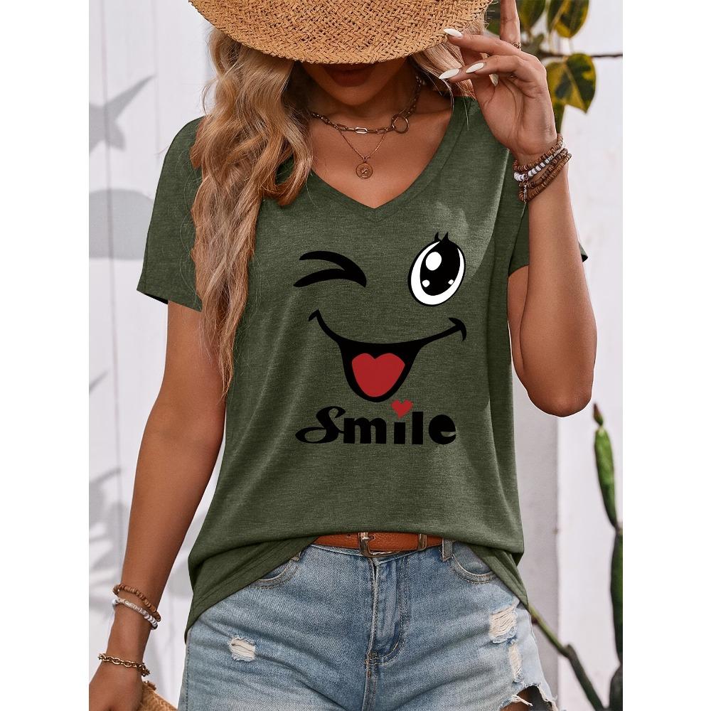 [T-shirt Imprimé Ancre] T-shirt Décontracté pour Femme à Imprimé Ancre et Col en V - Court