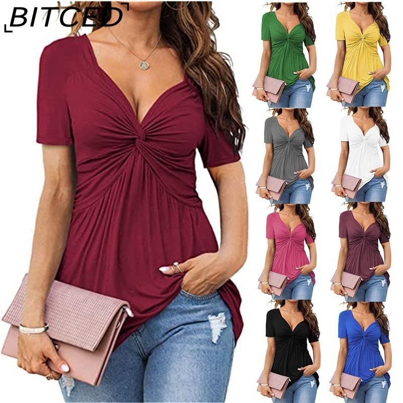 BITCED Women's V-Neck Front-Twist Short-Sleeved Elegant Casual T-Shirt Solid-Colour Pullover Top