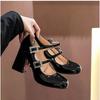 Mary Jane shoes black fashion rhinestone square buckle small leather shoes single shoes thick heel one-word buckle retro high heels women