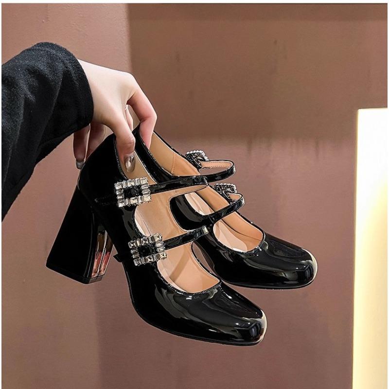 Mary Jane shoes black fashion rhinestone square buckle small leather shoes single shoes thick heel one-word buckle retro high heels women