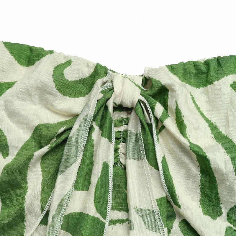 2026 Summer Strapless Green Leaf Print High-Waist Wide-Leg Jumpsuit - Fresh Vacation Style