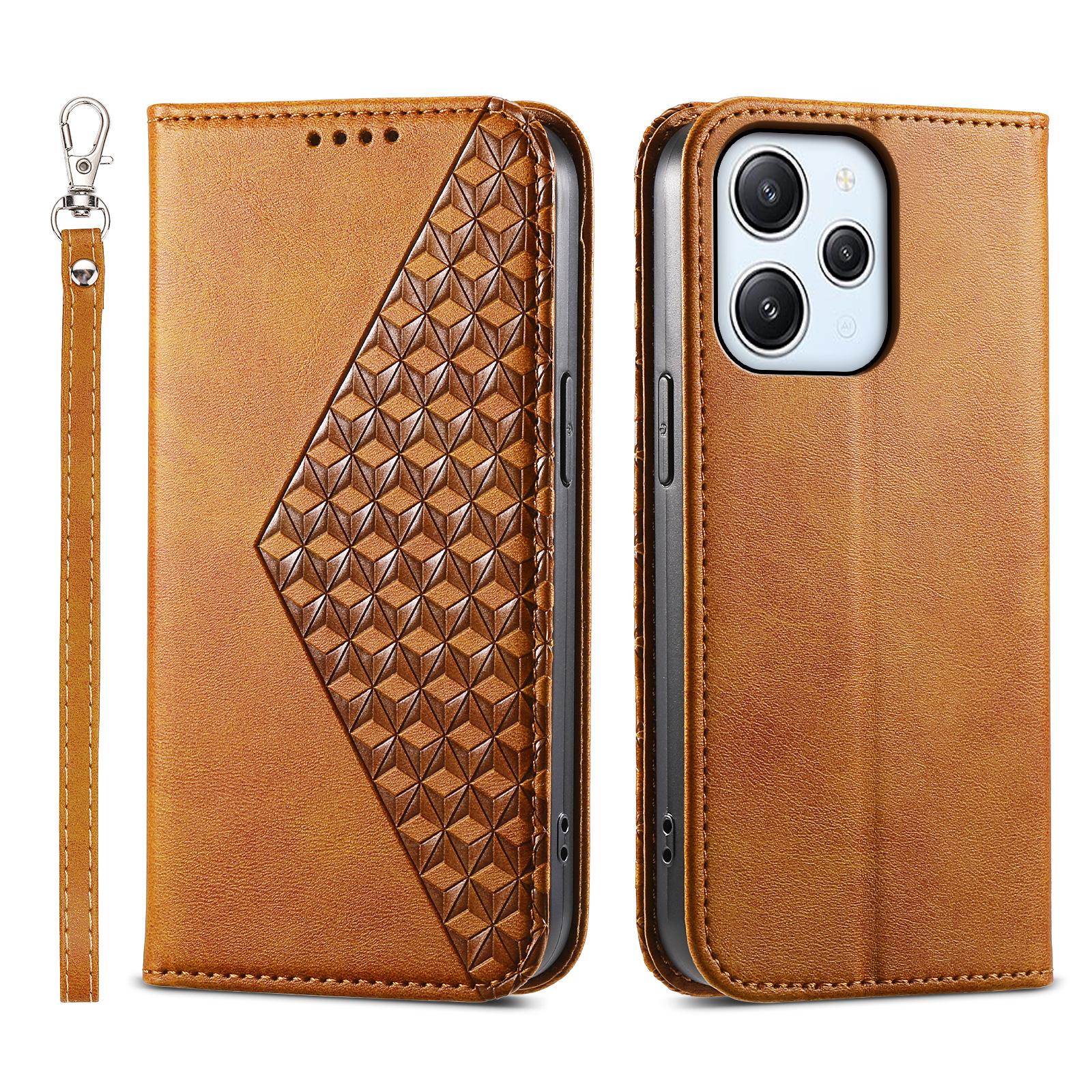 

For Xiaomi Redmi 12 4G Leather Phone Case Anti-fall Imprinted Rhombus Pattern Wallet Stand Cover Yellow