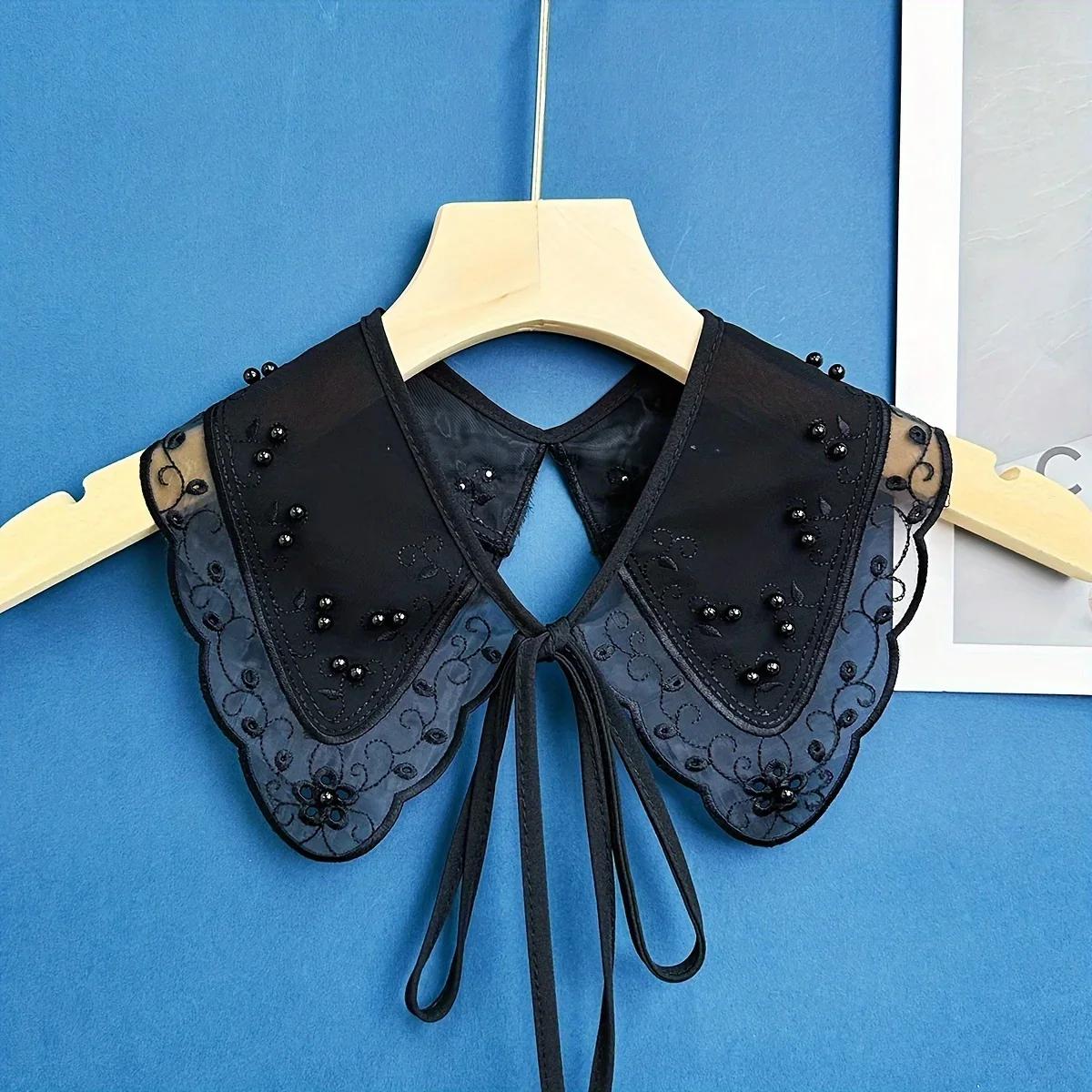 

New organza embroidered pearl decorative shawl with black and white small collar, nail bead tie, versatile style, fake collar чорний