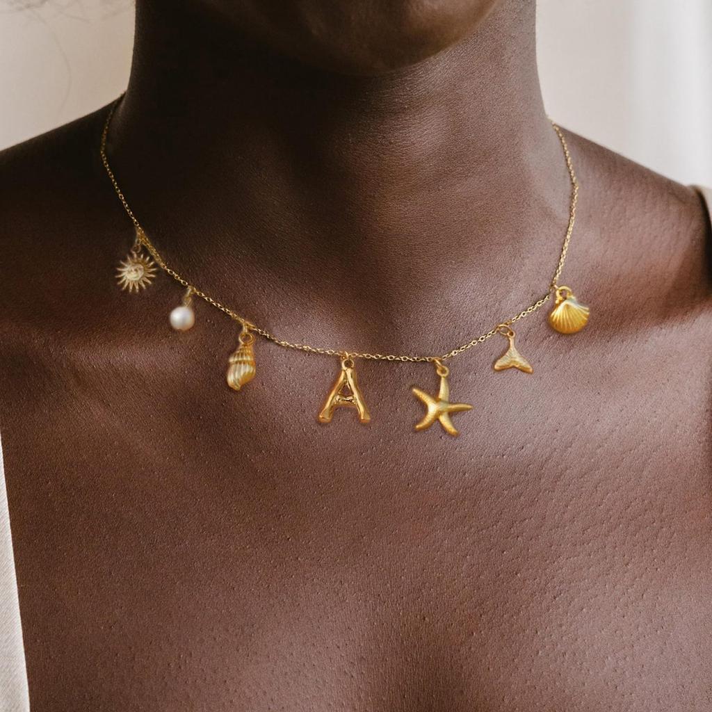 Charm Gold Color A-Z Pendant Alphabet Choker Necklace Women Shell Conch Starfish Initial Letter Necklaces Boho Beach Jewelry