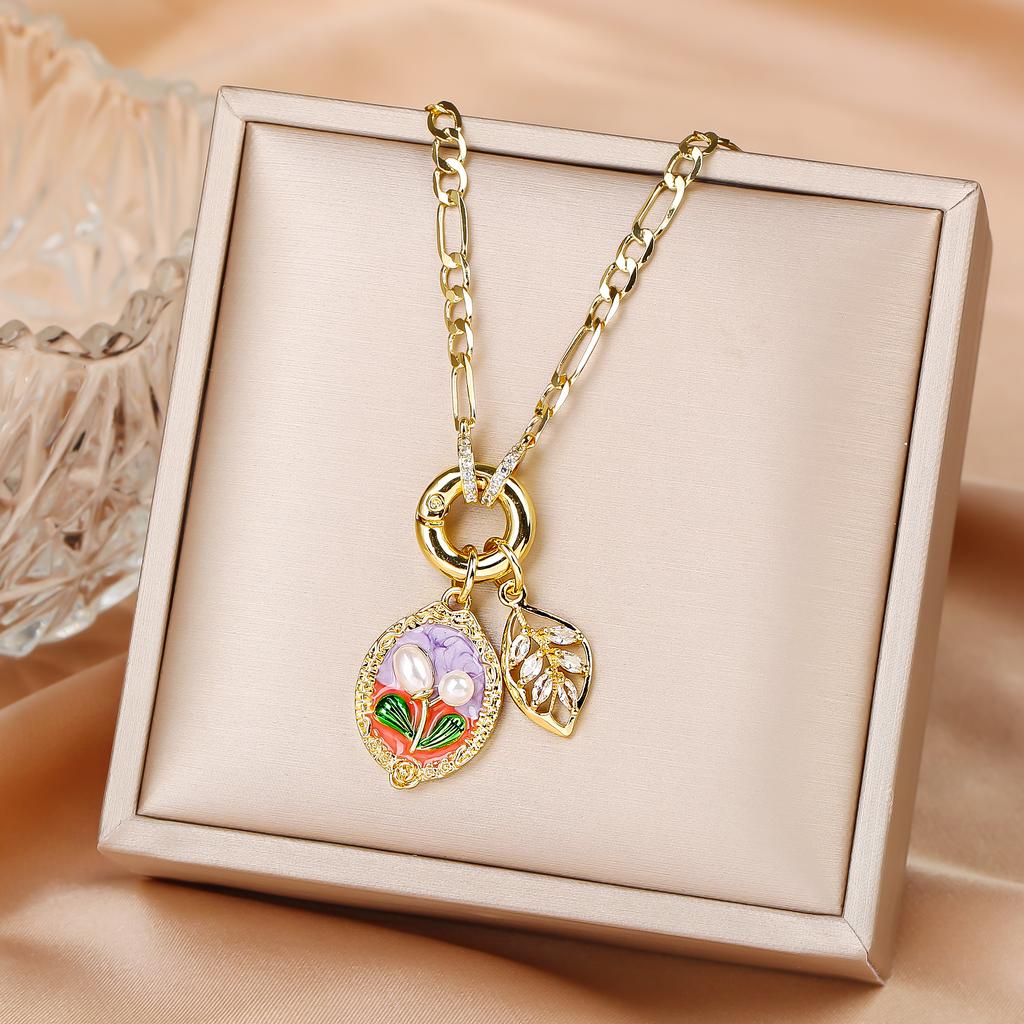 Hot Sale Metal Oil Drop Ocean Series Flower Pearl Leaf Pendant Necklace Charming For Woman Girl Casual Vacation Jewelry Gift