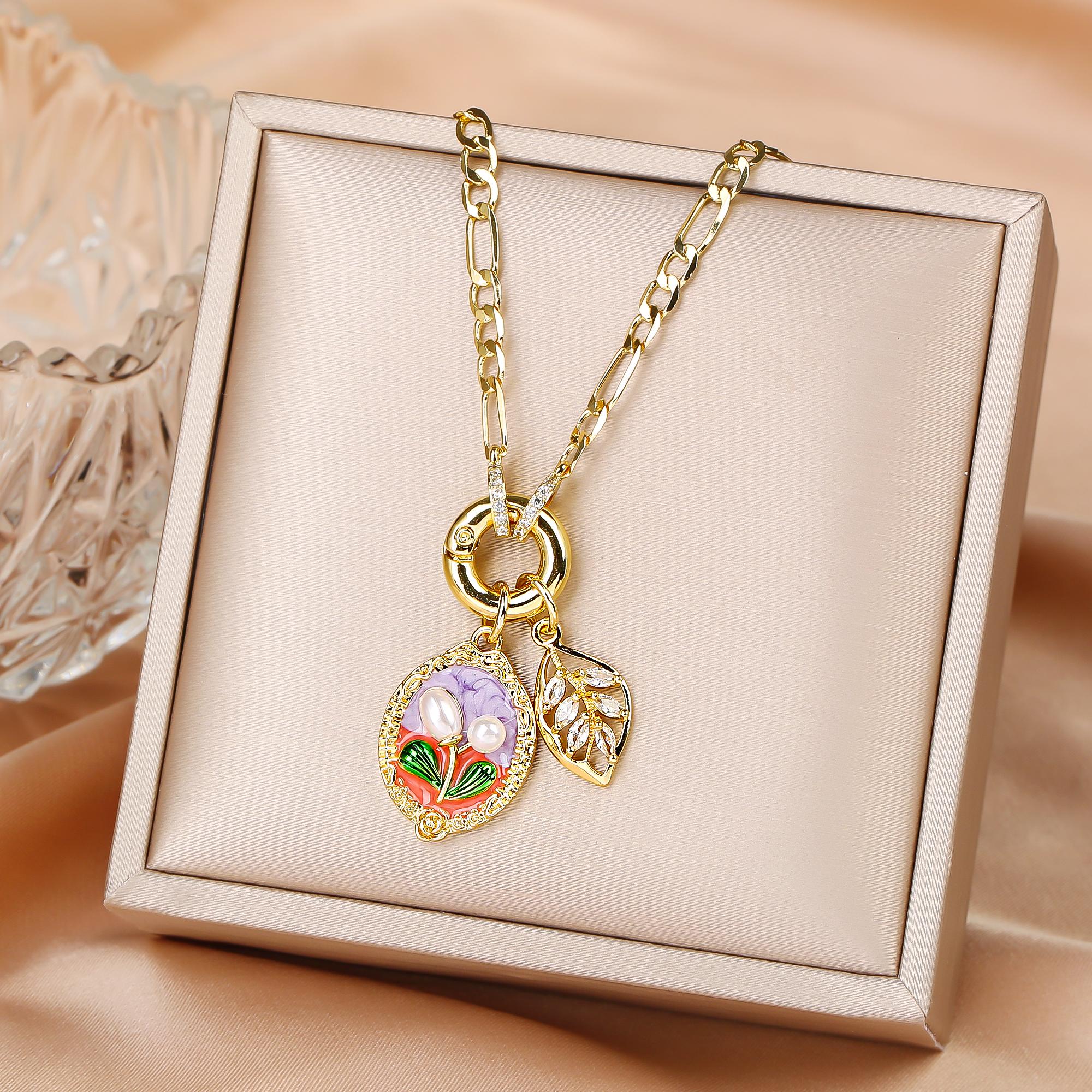 Hot Sale Metal Oil Drop Ocean Series Flower Pearl Leaf Pendant Necklace Charming For Woman Girl Casual Vacation Zircon Gift