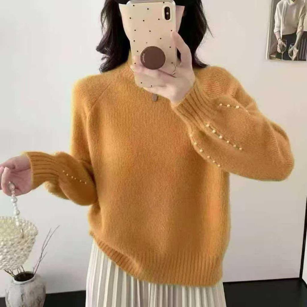 Women's Beaded Knit Sweater - Autumn/Winter 2026: Loose-Fit, Long-Sleeve, Half-High Collar Korean Style.