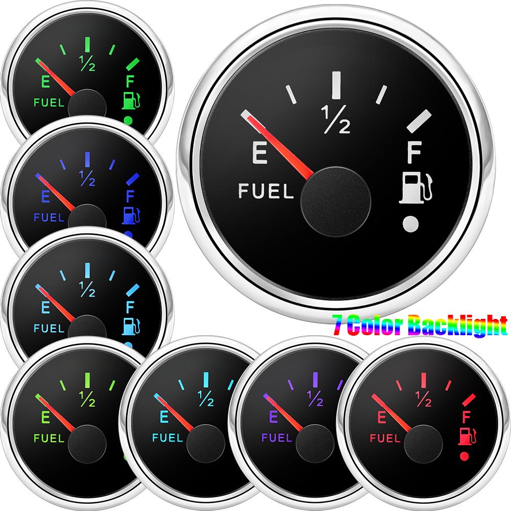 7 Color Backlight 2" 52mm Fuel Level Gauge with Alarm 0-190 OHM Oil Meter Indicator 240-33 ohm Auto Car Boat RV Yacht