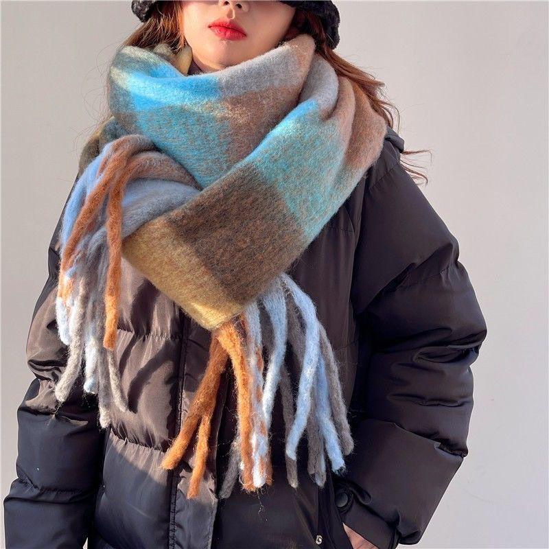 Korean Style Plaid Mohair Scarf - Women's Winter Imitation Cashmere Shawl
