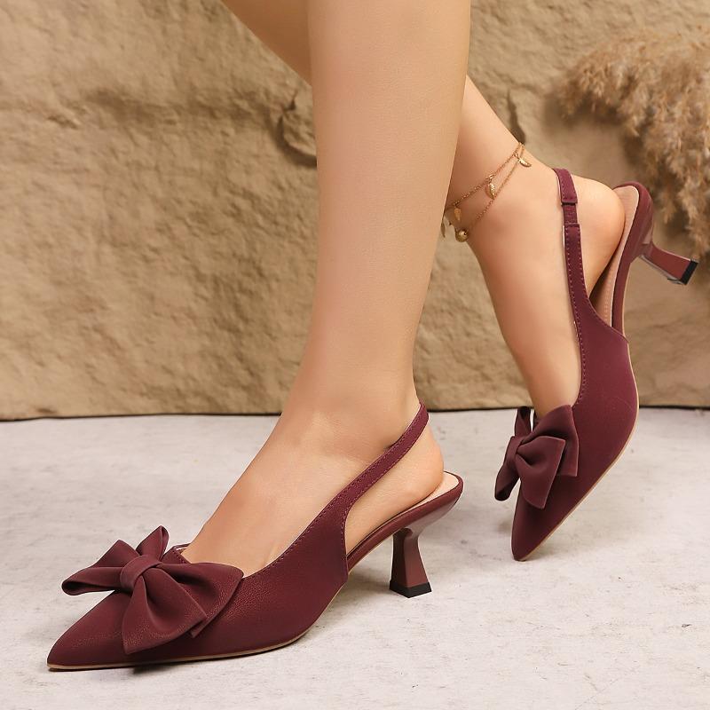 Fashion Pointed-toe Slim Stiletto Sandals Women's Summer Gentle Bow-patterned Headband Single Shoes Large Size Platform Heels