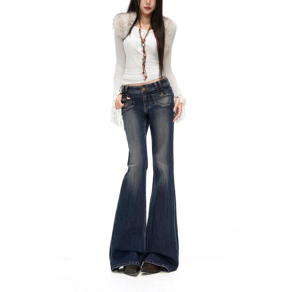 American dark blue micro-pull jeans women's autumn new Spice Girl low-rise elastic thin flared pants