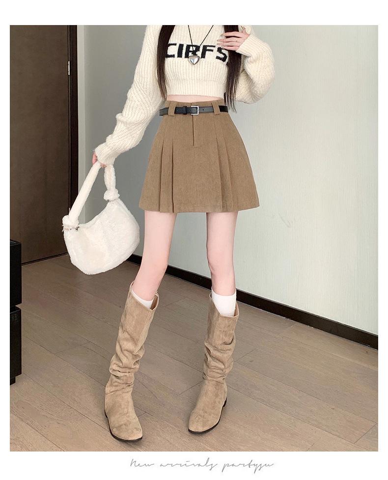 2026 Autumn/Winter Korean Academy Corduroy High-Waist A-line Pleated Skirt