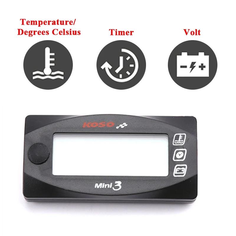 Koso 3-in-1 Motorcycle Gauge: Water Temp, Voltmeter, Time Display