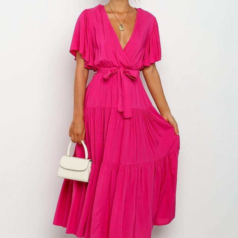 

Летнее платье QICED с V-образным вырезом, короткими рукавами, длинной юбкой и шнуровкой на талии в стиле бохо XL