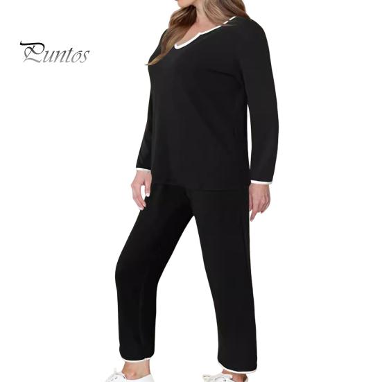 

2 шт./комплект женский топ брюки комплект V-образный вырез длинный рукав толстовка эластичный пояс широкие спортивные штаны спортивный наряд осенний повседневный спортивный костюм M чёрный